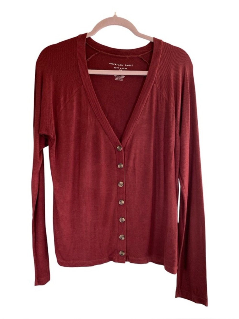 AMERICAN EAGLE Soft And Sexy Rib Knit V-Neck Cardigan Sweater Top Rust L